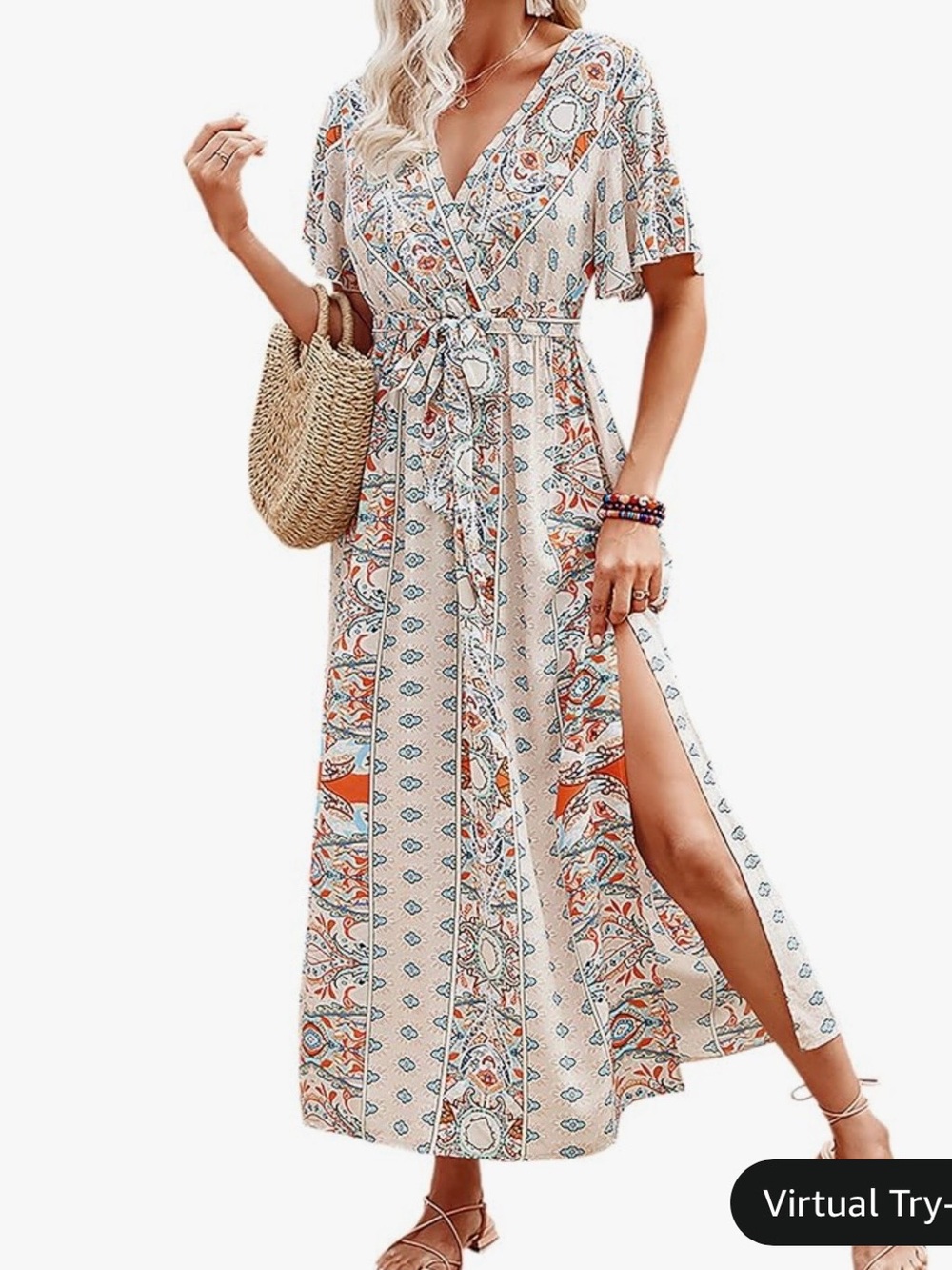 Boho Floral Wrap Maxi Dress in Cream and Orange